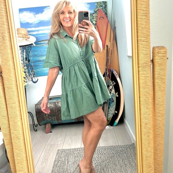 Zara,Pull-Over Tiered, Linen Dress Mint, Collared Short Sleeve,Size Large - Picture 1 of 10